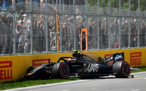 Kevin Magnussen of Denmark driving the (20) Haas F1 Team VF-19 Ferrari crashes on track during qualifying for the F1 Grand Prix of Canada at Circuit Gilles Villeneuve on June 08, 2019 in Montreal, Canada - Credit: Getty Images