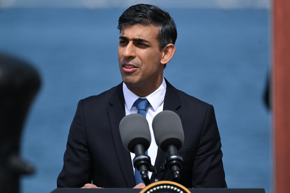 SAN DIEGO, CA - MARCH 13: Prime Minister Rishi Sunak speaks during on Australia â United Kingdom â United States (AUKUS) Partnership meeting as U.S. President Joe Biden hosts and Prime Minister Anthony Albanese of Australia participates at Naval Base Point Loma in San Diego, California, United States on March, 13, 2023. (Photo by Tayfun Coskun/Anadolu Agency via Getty Images)