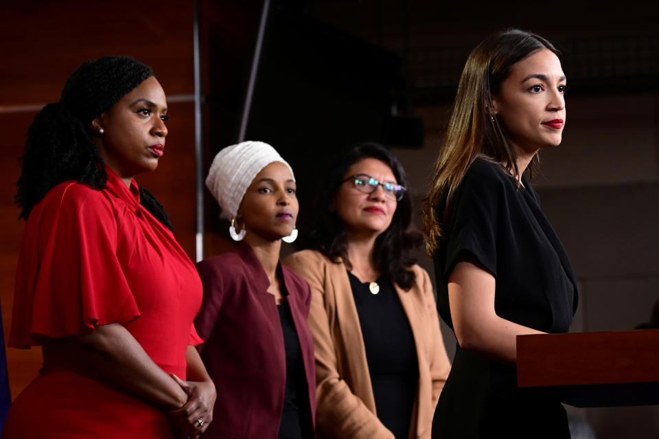 U.S. Reps Ayanna Pressley (D-MA), Ilhan Omar (D-MN),  Rashida Tlaib (D-MI) and Alexandria Ocasio-Cortez (D-NY) hold a news conference after Democrats in the U.S. Congress moved to formally condemn President Donald Trump's attacks on the four minority congresswomen on Capitol Hill in Washington, U.S., July 15, 2019. REUTERS/Erin Scott