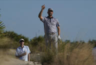 Webb Simpson, of the United States, watches his second shot out of the rough during the first round of the Hero World Challenge PGA Tour at the Albany Golf Club, in New Providence, Bahamas, Thursday, Dec. 2, 2021.(AP Photo/Fernando Llano)