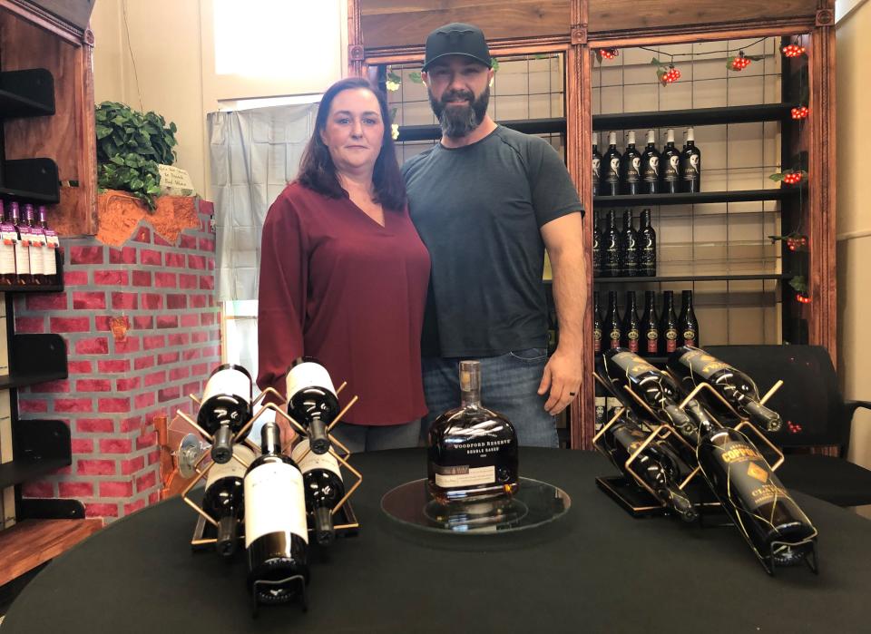 Edna and Shawn Brewster at Triple Brew Liquor and Wine, their new business starting March 16 on Main Street in Canaseraga. The new store, filled with product, will be open Monday through Saturday.