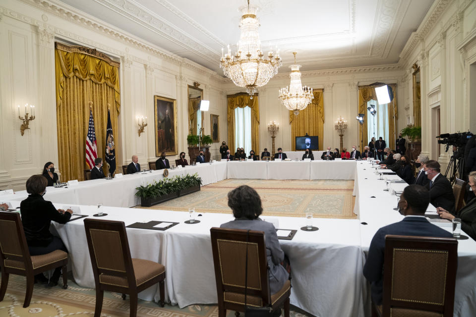 President Joe Biden speaks during a Cabinet meeting in the East Room of the White House, Thursday, April 1, 2021, in Washington. (AP Photo/Evan Vucci)