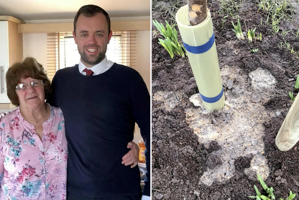 Daniel Snow, 33, with his late grandma, Jean Williams and the vandalised tree. (SWNS)