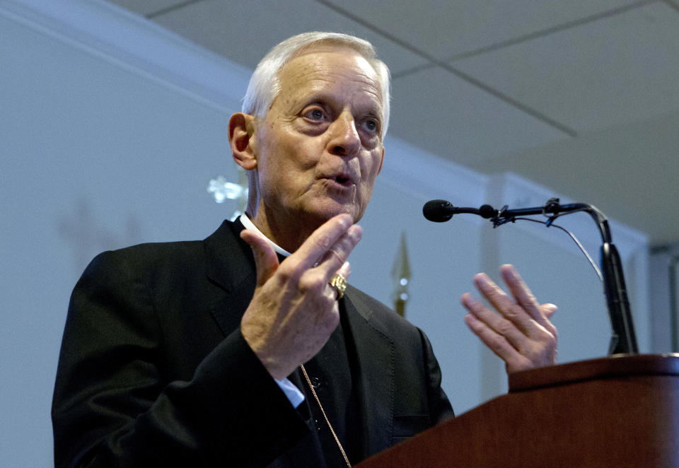 FILE - In this Thursday, April 4, 2019 file photo, Cardinal Donald Wuerl speaks during the announcement of Archbishop designated to the Archdiocese of Washington, Archbishop Wilton D. Gregory, at Washington Archdiocesan Pastoral Center in Hyattsville, Md. Email correspondence shows disgraced ex-Cardinal Theodore McCarrick was placed under Vatican travel restrictions in 2008 for sleeping with seminarians, but regularly flouted those rules with the apparent knowledge of Vatican officials under Pope Benedict XVI and Pope Francis. The email excerpts, released Tuesday by a former aide, make it clear that retired Washington Cardinal Donald Wuerl knew about the restrictions, despite claims of ignorance after the McCarrick scandal exploded last year. (AP Photo/Jose Luis Magana, File)