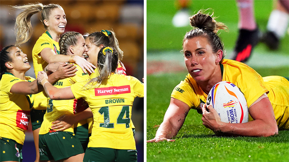 The Jillaroos celebrating tries at the Rugby League World Cup.