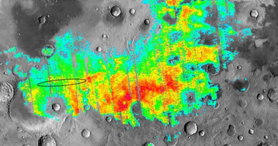 Presencia de hematita en Meridiani Planum, indicando la zona de amartizaje inicialmente prevista para el rover Opportunity. NASA / JPL-Caltech / ASU