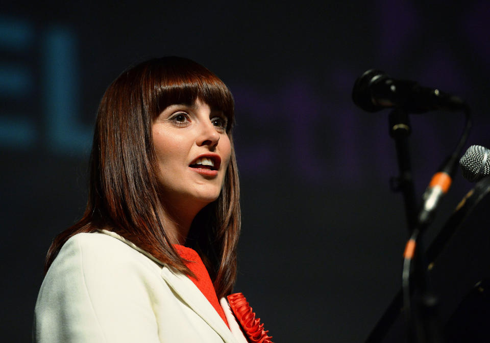 Melanie Onn, Labour candidate for Great Grimsby, gives a speech after winning the seat at Grimsby Auditorium.