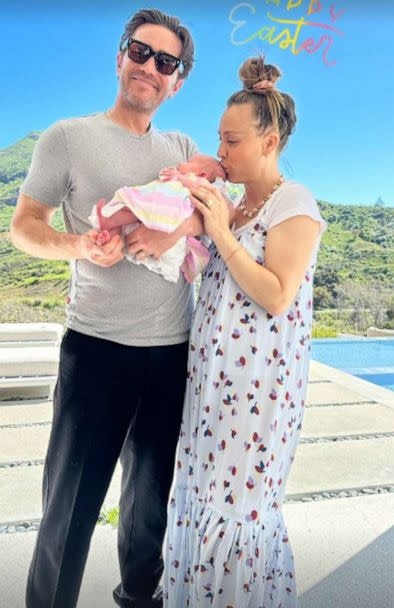 PHOTO: Kaley Cuoco and Tom Pelphrey pose with their daughter Matilda in a photo shared to Cuoco's Instagram Story on April 9, 2023. (@kaleycuoco/Instagram)