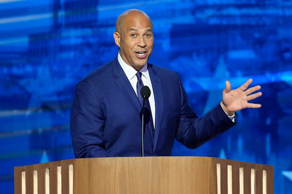 Sen. Cory Booker (N.J.) speaks during the third day of the Democratic National Convention at the United Center.