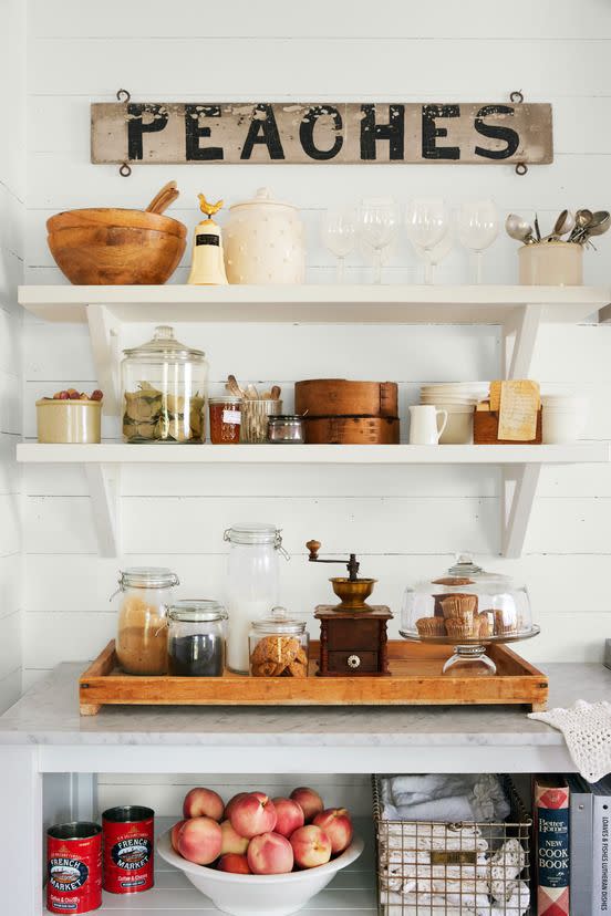 shelves in white farmhouse kitchen