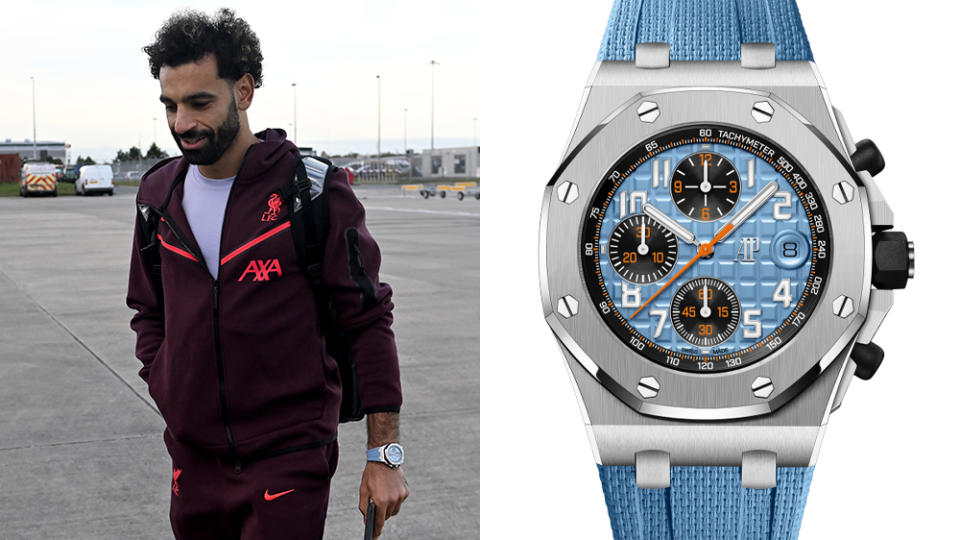 Mohamed Salah of Liverpool departing ahead of their UEFA Champions League group a match between AFC Ajax wearing what appears to be an Audemars Piguet’s iconic Royal Oak Offshore