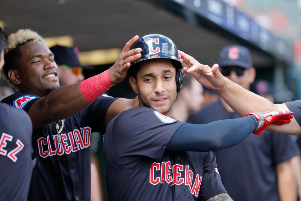 Jul 30, 2024; Detroit, Michigan, USA; Cleveland Guardians shortstop Brayan Rocchio (4) celebrates with teammates after hitting a home run against the Detroit Tigers in the eighth inning at Comerica Park. Mandatory Credit: Rick Osentoski-USA TODAY Sports