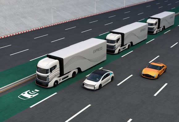 Computer rendering of autonomous trucks traveling in a convoy.