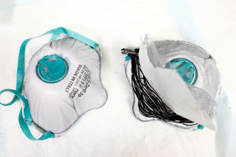 Reusable face masks invented by Israeli researchers which say can disinfect itself and kill the coronavirus disease (COVID-19) are seen during a demonstration for Reuters at a laboratory in Haifa