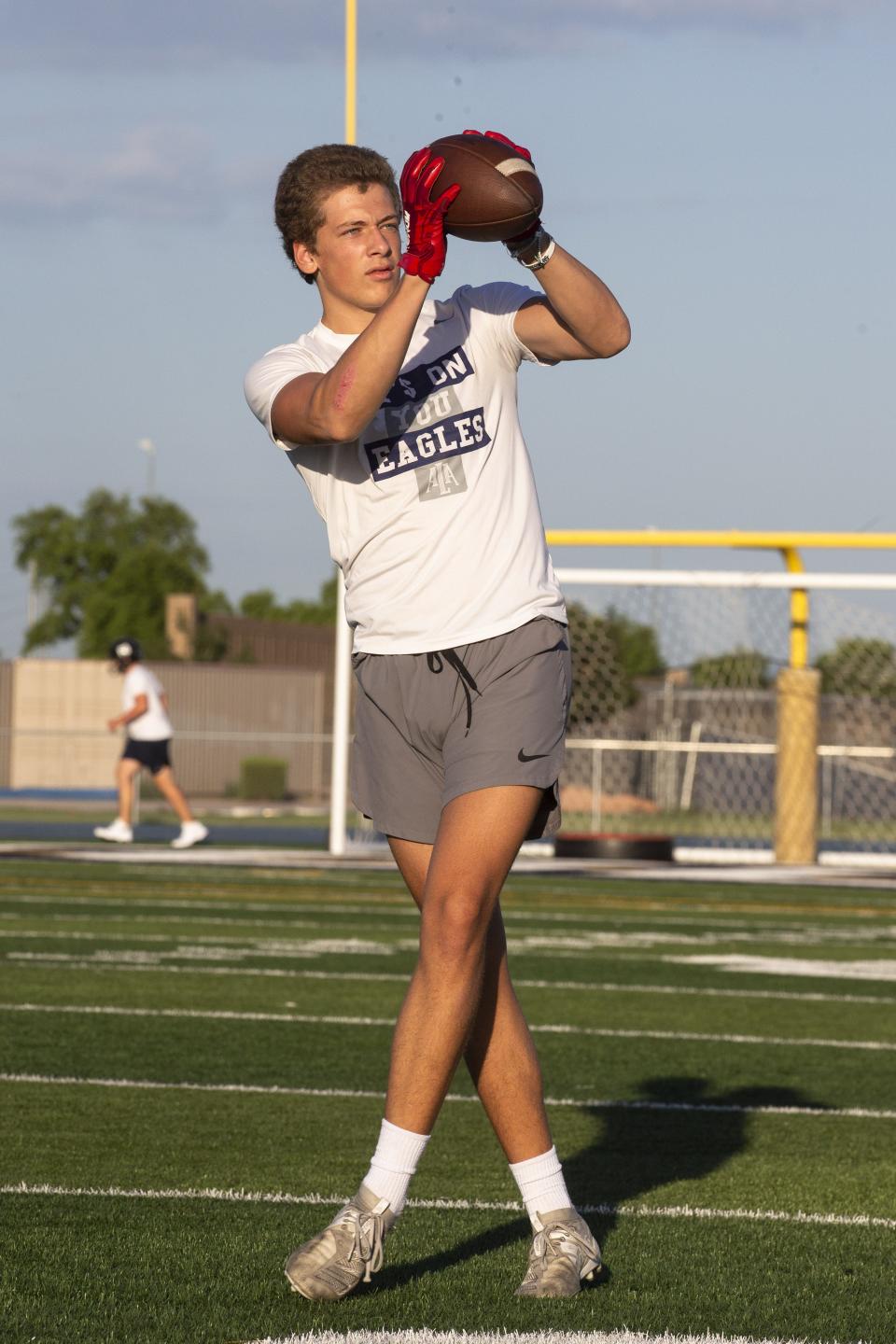 Wide receiver Brandon Phelps on the first official day of football practice at the American Leadership Gilbert North Eagles stadium, in Gilbert, AZ, Aug. 2, 2021.