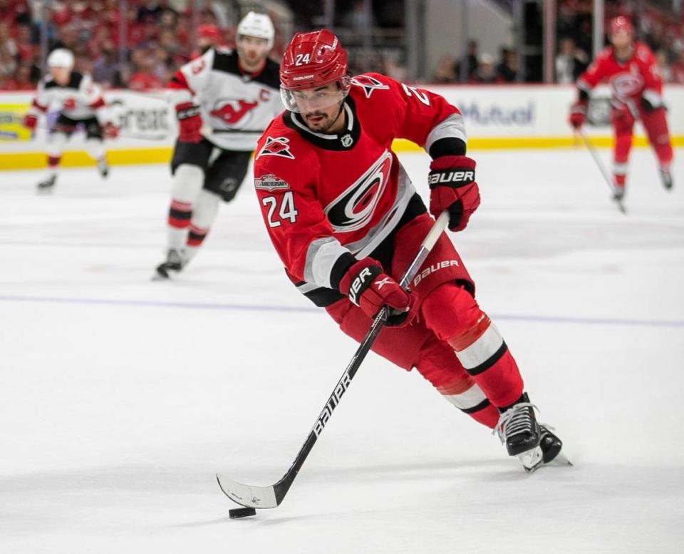 The Carolina Hurricanes Seth Jarvis (24) moves the puck in the first period against the New Jersey Devils during Game 5 of their second round Stanley Cup playoff series on Thursday, May 11, 2023 at PNC Arena in Raleigh, N.C.