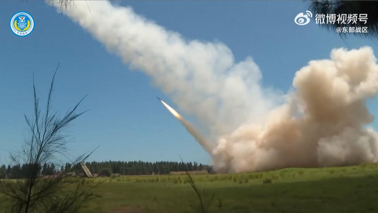 This screen grab from a video by the People's Liberation Army (PLA) Eastern Theater Command on August 4, 2022 made available on the Eurovision Social Newswire (ESN) platform via AFPTV shows a missile being fired during a Chinese military exercise in China on Aug. 4, 2022. 