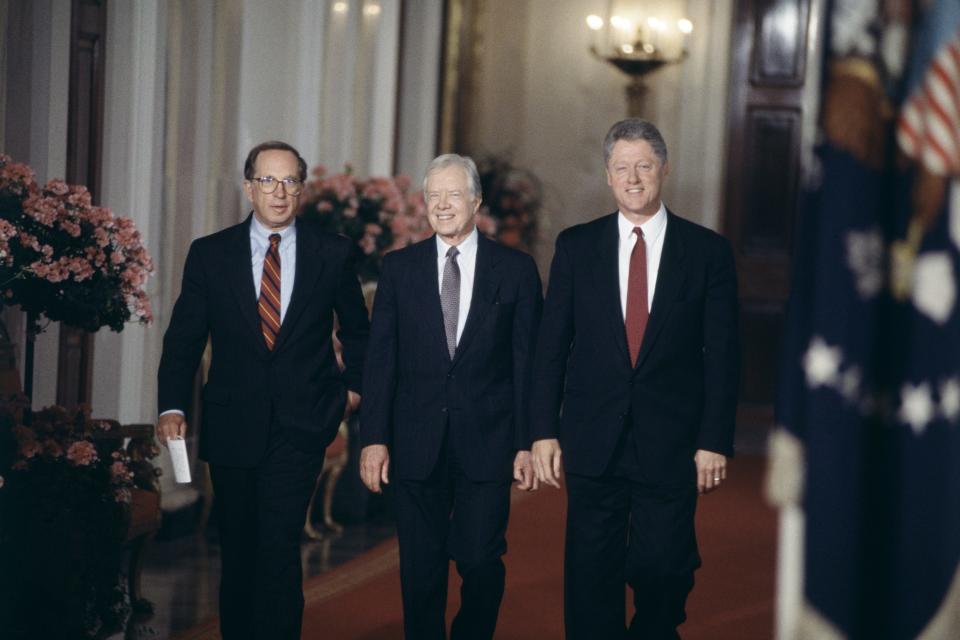 The North American Free Trade Agreement (NAFTA) is an agreement signed by the governments of Canada, Mexico, and the United States, creating a trilateral trade bloc in North America. The American delegation: Chairman of the Senate Armed Services Committee Sam Nunn, former President Jimmy Carter and President Bill Clinton