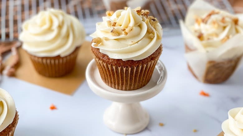 carrot cupcake on stand