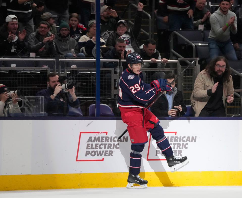 Dec. 1, 2023; Columbus, Ohio, USA; 
Columbus Blue Jackets right wing Patrik Laine (29) celebrates his goal during the first period of FridayÕs hockey game against the Ottawa Senators at Nationwide Arena.