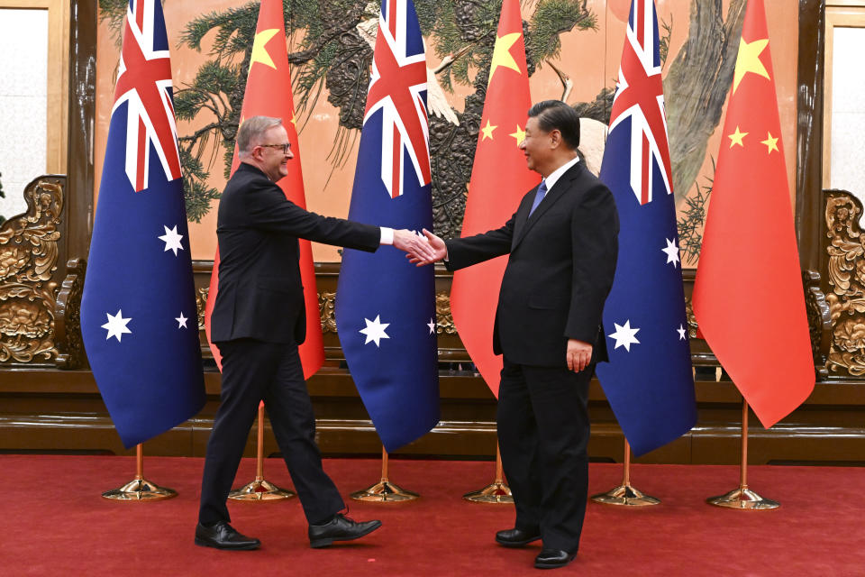 Australia's Prime Minister Anthony Albanese, left, meets with China's President Xi Jinping at the Great Hall of the People in Beijing, China, Monday, Nov. 6, 2023. Albanese is on a three-day visit to China. (Lukas Coch/AAP Image via AP)