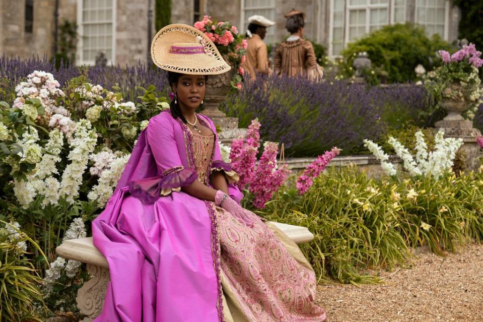 Young Lady Danbury in pink dress Queen Charlotte