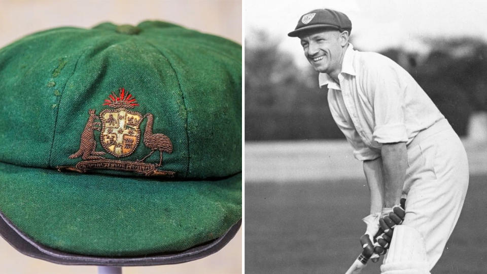 Sir Donald Bradman (pictured right) smiling while batting and his first baggy green (pictured left).