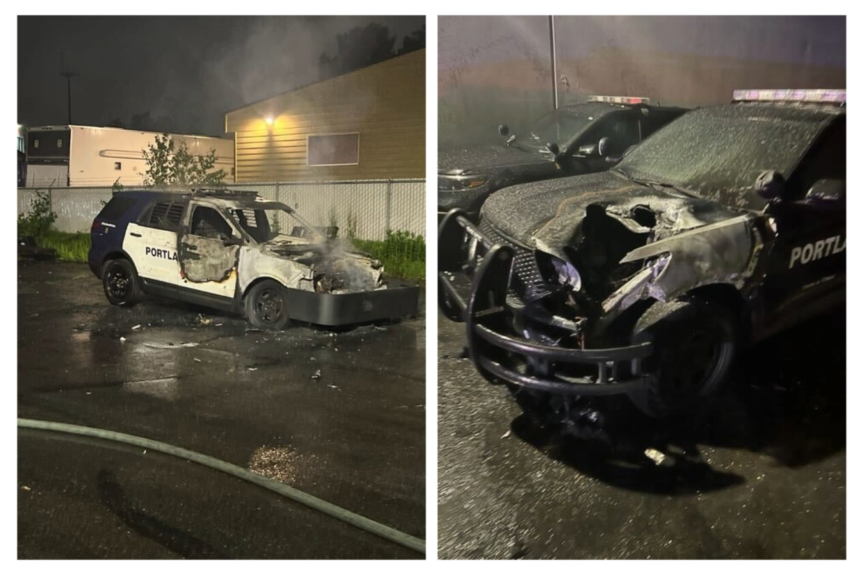 Burnt-out cars are seen after police said 15 were lit on fire in a training area. / Credit: Portland Police Bureau