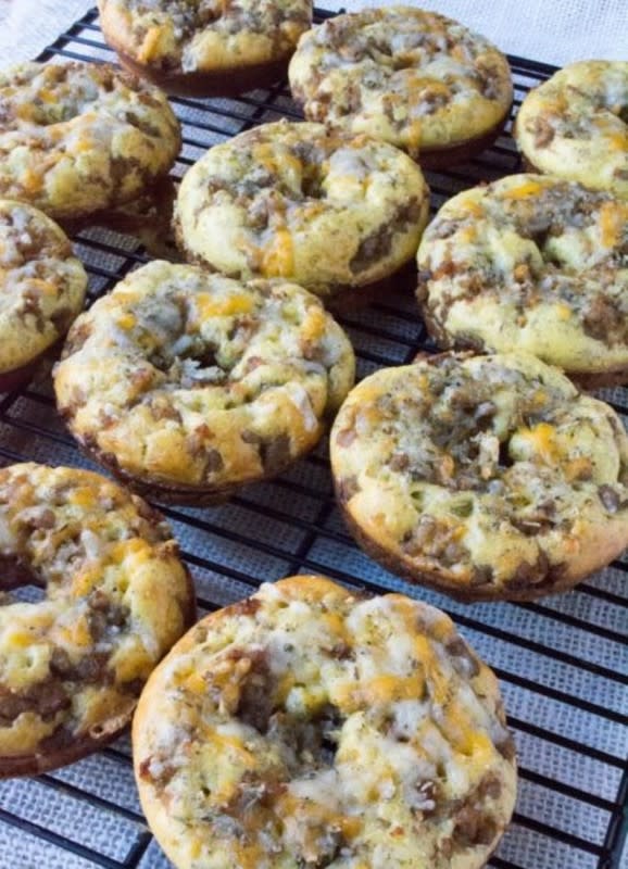 <p>Low-carb cheddar sausage stuffed bagels are a tasty and easy baked bagel that is hearty, filling and a warm way to start the day.</p><p><strong>Get the recipe: <a href="https://www.sugarfreemom.com/recipes/low-carb-cheddar-sausage-stuffed-bagels/" rel="nofollow noopener" target="_blank" data-ylk="slk:Cheddar Sausage Stuffed Bagels;elm:context_link;itc:0;sec:content-canvas" class="link ">Cheddar Sausage Stuffed Bagels </a></strong></p>