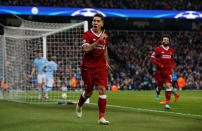 <p>Soccer Football – Champions League Quarter Final Second Leg – Manchester City vs Liverpool – Etihad Stadium, Manchester, Britain – April 10, 2018 Liverpool’s Roberto Firmino celebrates scoring their second goal REUTERS/Andrew Yates </p>