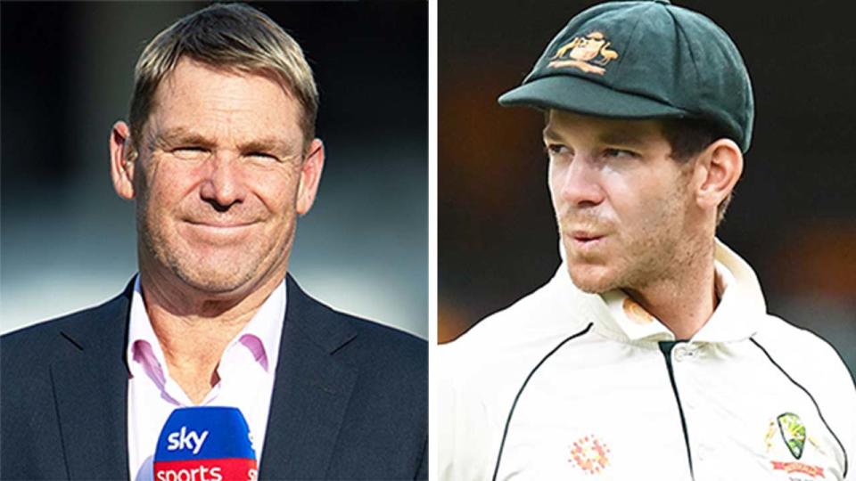 Shane Warne (pictured left) during commentary and Tim Paine (pictured right) during a match.