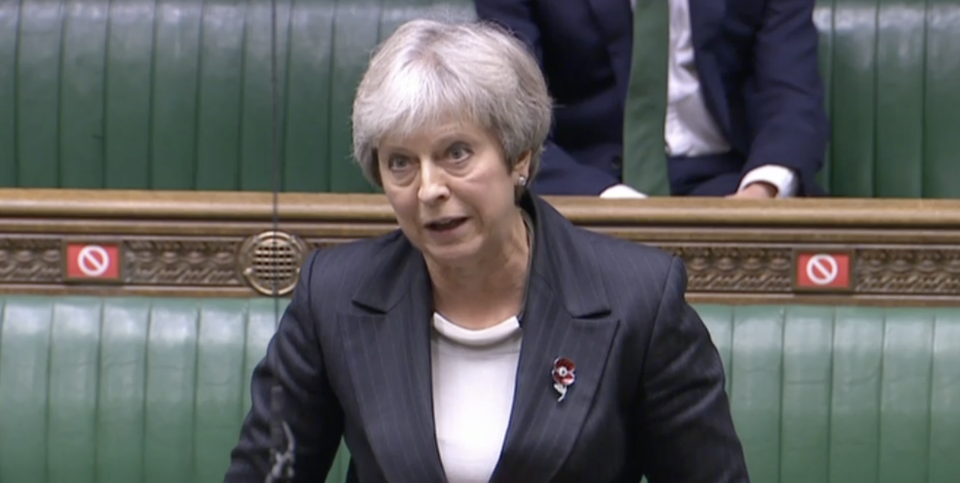Theresa May attacks the government over 'pre-recorded online' Remembrance services. (Parliamentlive.tv)