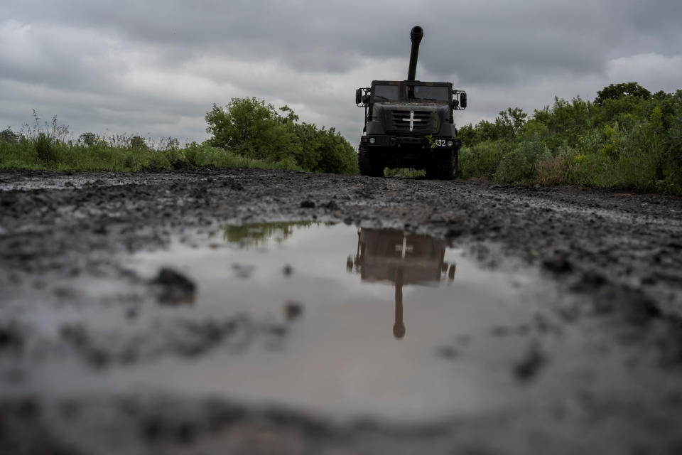 A Caesar self-propelled howitzer from the 55th Separate Artillery Brigade is seen after firing toward Russian troops near the town of Avdiivka, Ukraine.