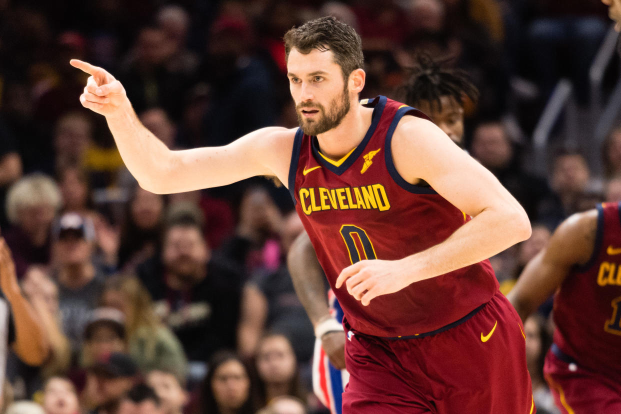 CLEVELAND, OH – JANUARY 28: Kevin Love #0 of the Cleveland Cavaliers celebrates after scoring during the first half against the Detroit Pistons at Quicken Loans Arena on January 28, 2018 in Cleveland, Ohio. (Photo by Jason Miller/Getty Images)