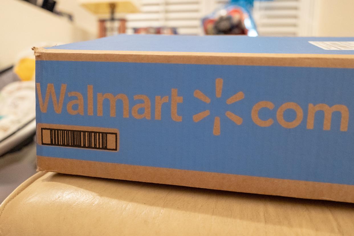 Box with logo for Walmart online ordering and delivery, San Ramon, California, May 12, 2020. (Photo by Smith Collection/Gado/Getty Images)