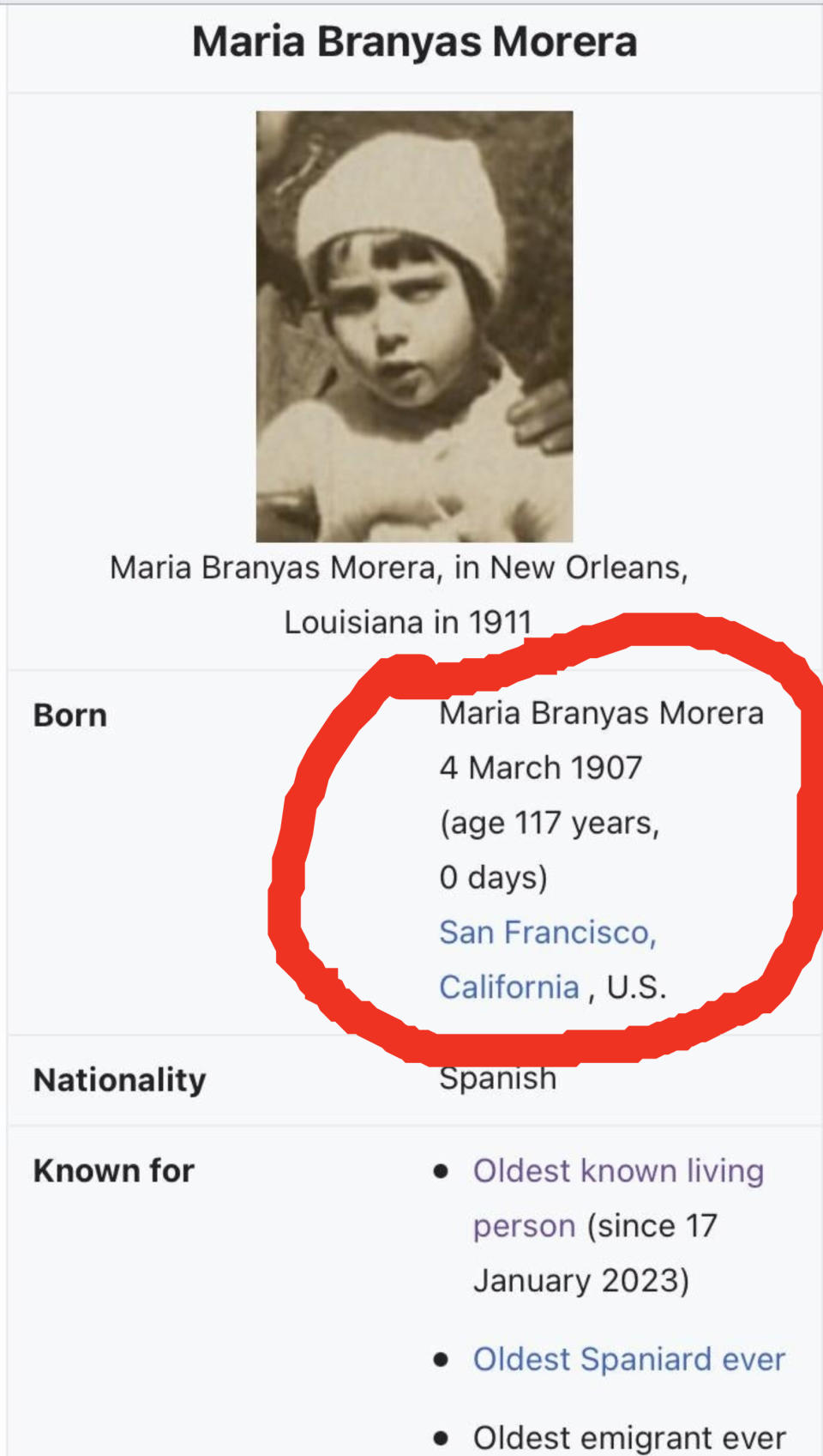 Maria Branyas Morena's Wikipedia page section with photo and facts including birth date and nationality