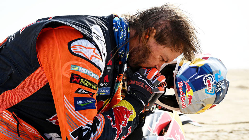 Aussie Dakar champion Toby Price (pictured) concentrating before the Dakar Race.