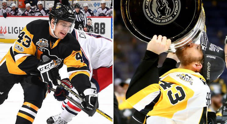 Conor Shearyd during Game 1 against the Blue Jackets (Joe Sargent/Getty) vs. Conor Sheary after Game 6 of the Stanley Cup Final. (Frederick Breedon/Getty)