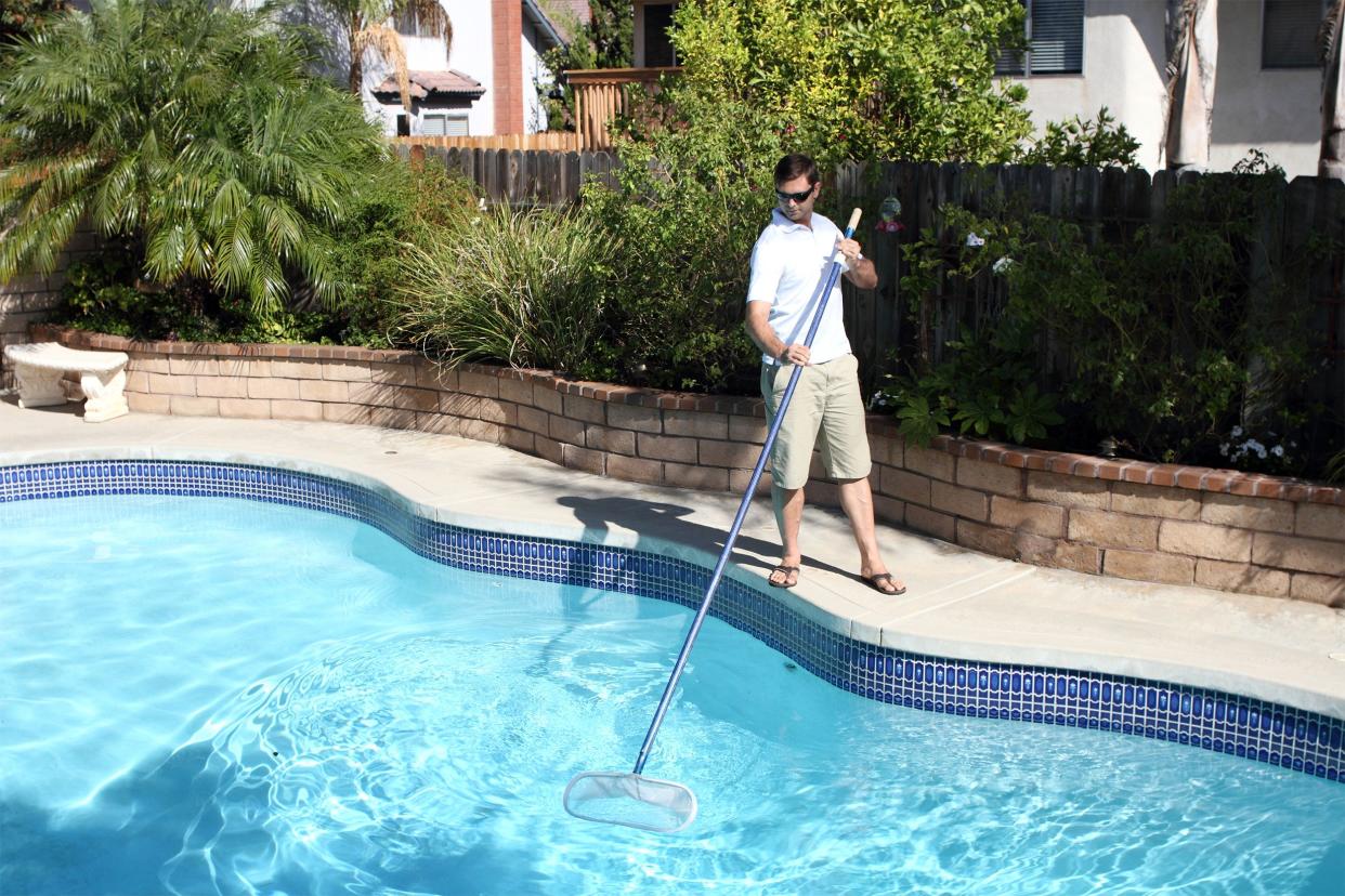 Man standing cleaning the water with a net on the side of an in-ground swimming pool with landscaped foliage and neighbor houese in the background
