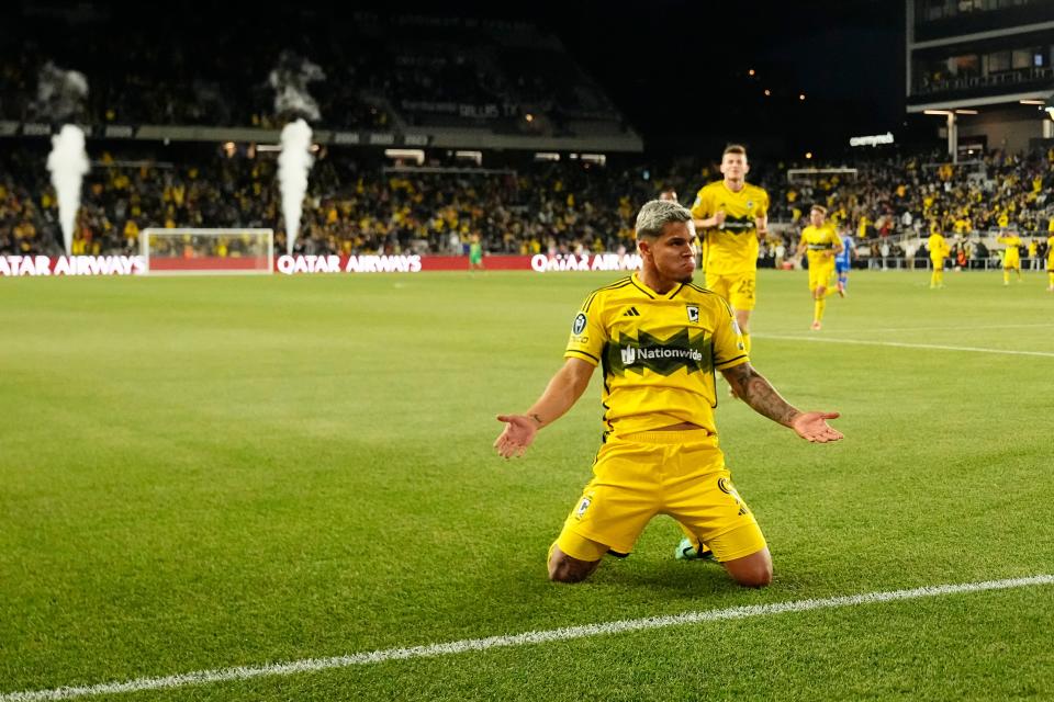 Crew forward Cucho Hernandez celebrates scoring against CF Monterrey in the first leg of the CONCACAF Champions Cup semifinals. The Crew won 2-1.