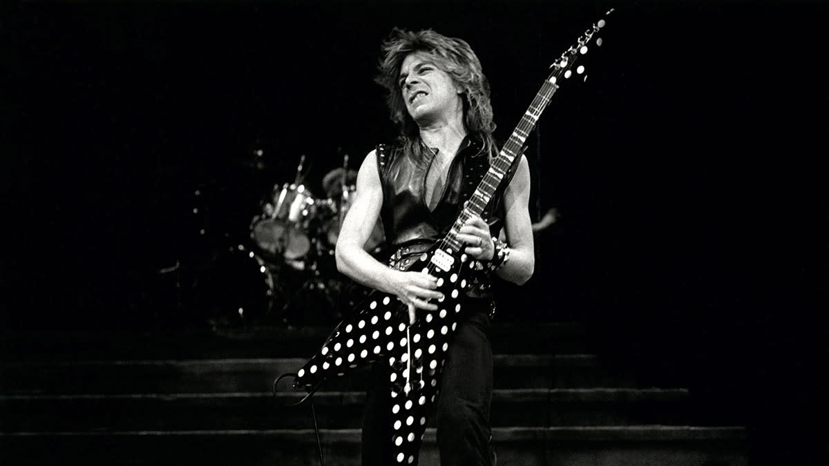  Randy Rhoads, live onstage in Chicago, 1982, playing his polka-dot 1979 Karl Sandoval custom V. 