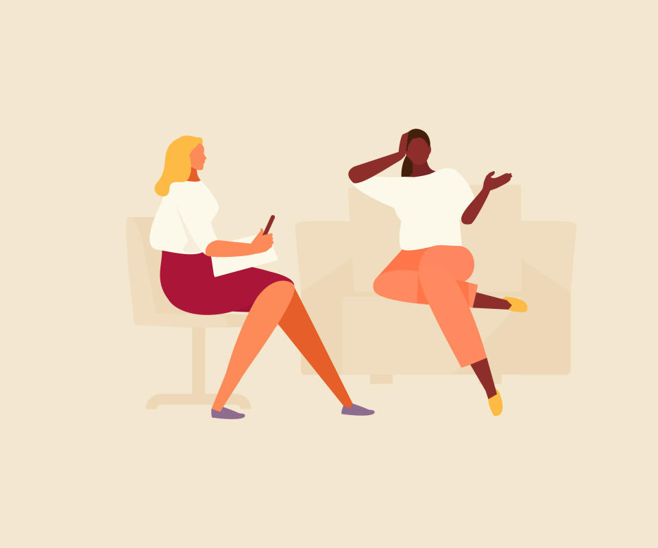 Young woman talking with a psychologist, vector flat illustration