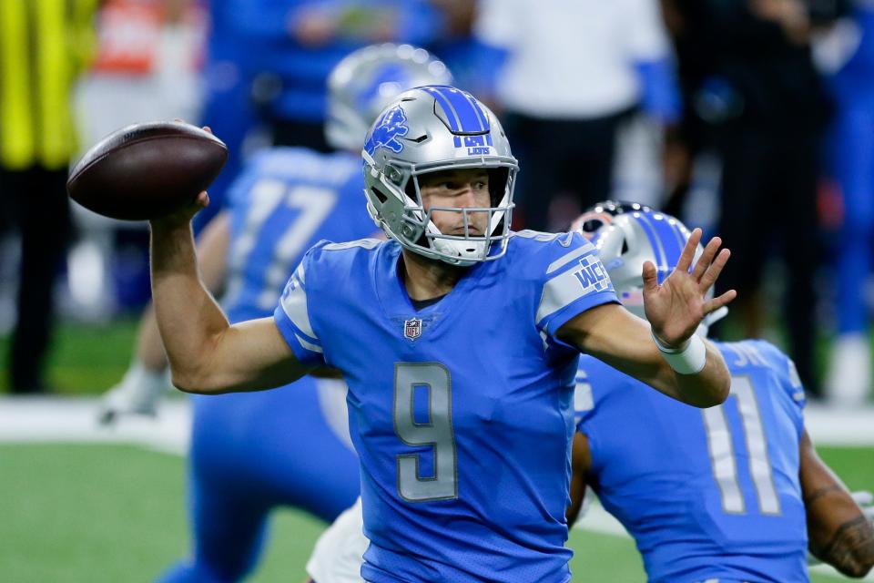 Lions quarterback Matthew Stafford throws against the Bears in the first half on Sunday, Sept. 13, 2020, at Ford Field.