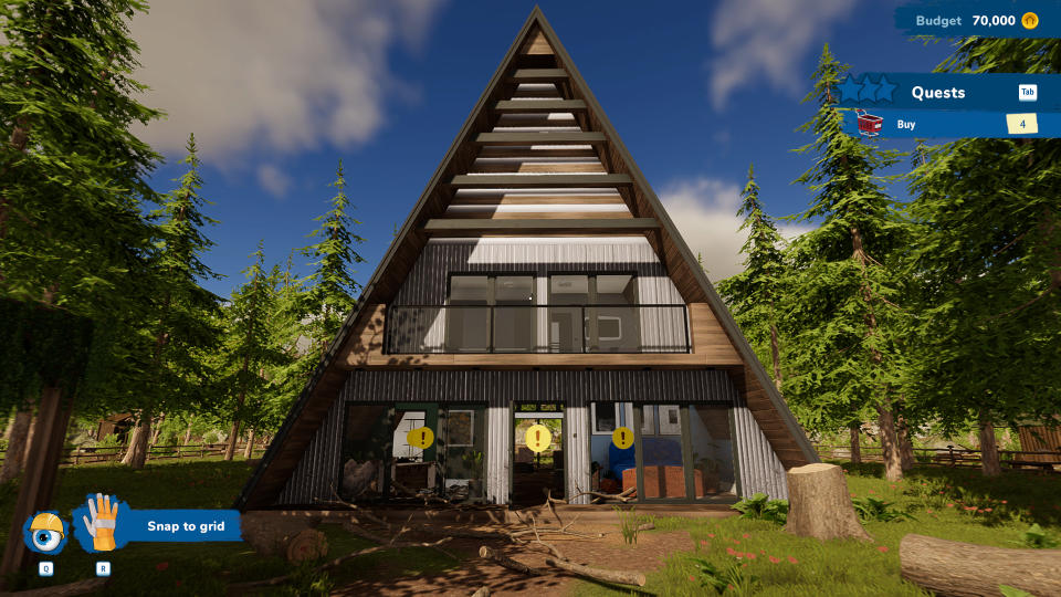 An external view of a large A-frame house in House Flipper 2.