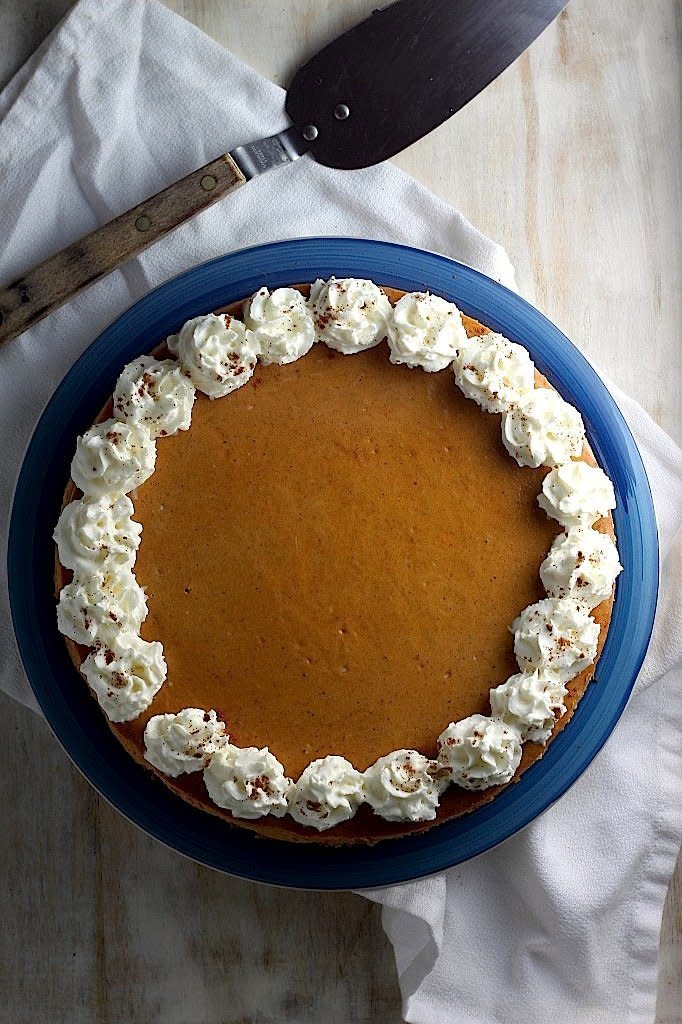 A graham cracker crust, the spice of pumpkin and bourbon-spiced whipped cream? This is a pretty great alternative to the traditional pumpkin pie.  <a href="http://bakerbynature.com/creamy-greek-yogurt-pumpkin-pie-cheesecake/" target="_blank">Get the recipe at Baker By Nature</a>.