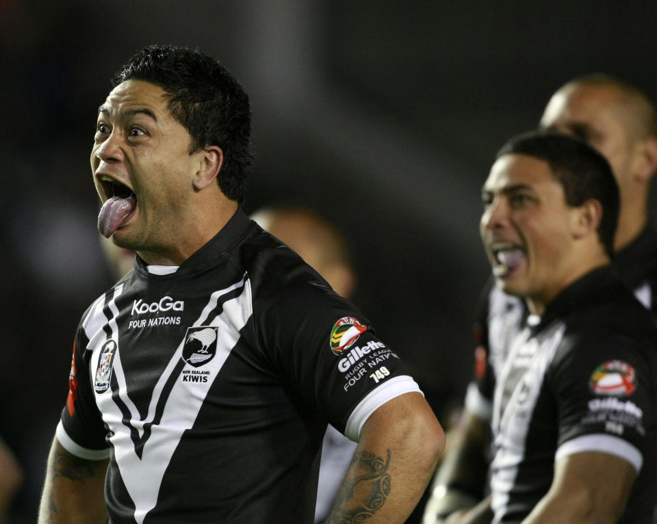 New Zealand's Isaac Luke, left, performs the haka with team mates before their four nations rugby league test match against Australia at the Halliwell Jones Stadium, Warrington, England, Friday Oct. 28, 2011. (AP Photo/Tim Hales)