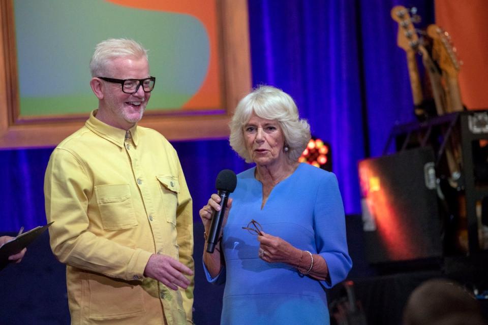 Chris Evans and Camilla, then-Duchess of Cornwall attend the live broadcast of the final of BBC Radio 2’s 500 Words creative writing competition at Windsor Castle on June 14, 2019 (Getty Images)