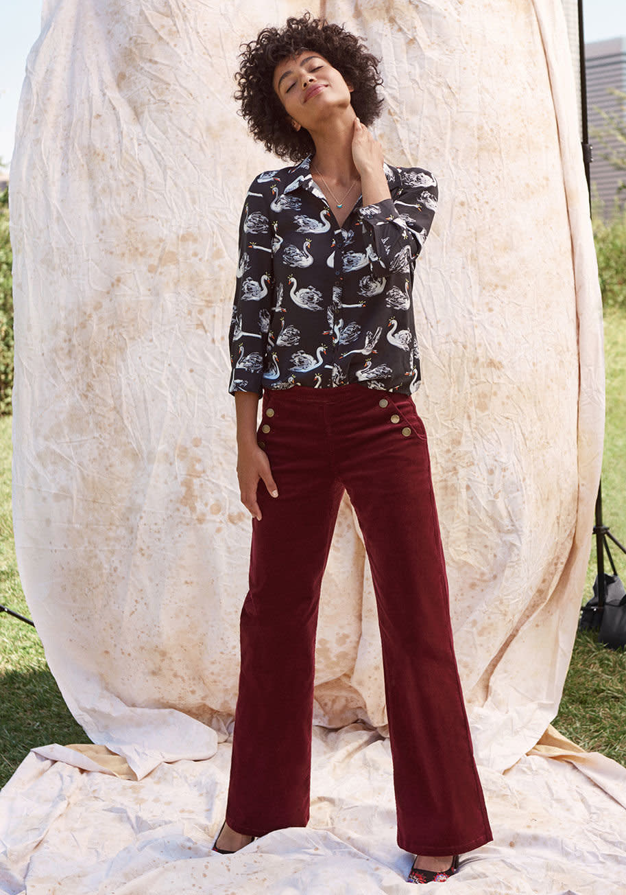 Cozy <a href="https://www.huffingtonpost.com/entry/corduroy-pants-you-need-this-winter_us_5a395d52e4b0c65287acc59b?un" target="_blank">corduroy is making a comeback</a> in 2018, and we couldn't be more thrilled. After all, corduroy is&nbsp;basically just a textured form of velvet, and you know <a href="https://www.huffingtonpost.com/entry/velvet-holiday-party-dresses_us_5a1d7bc0e4b071403b29394d?zzf" target="_blank">we love velvet</a>. Better still, corduroy is a perfect trouser to transition between workwear and weekend wear.&nbsp;<br /><br />Pictured: <a href="https://www.modcloth.com/shop/hidden/corduroy-wide-leg-trousers-with-buttons/100000259024.html" target="_blank">Corduroy Wide-Leg Trousers With Buttons from Modcloth</a>