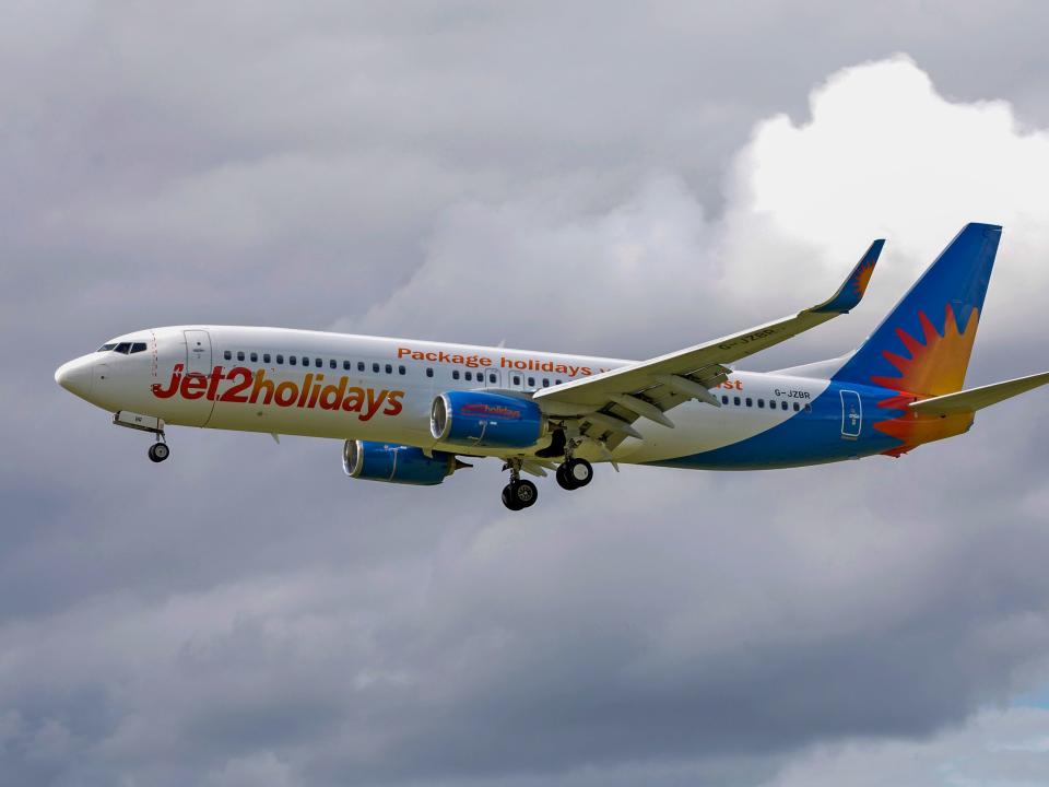 A Jet2 Boeing 737 landing at Newcastle Airport.