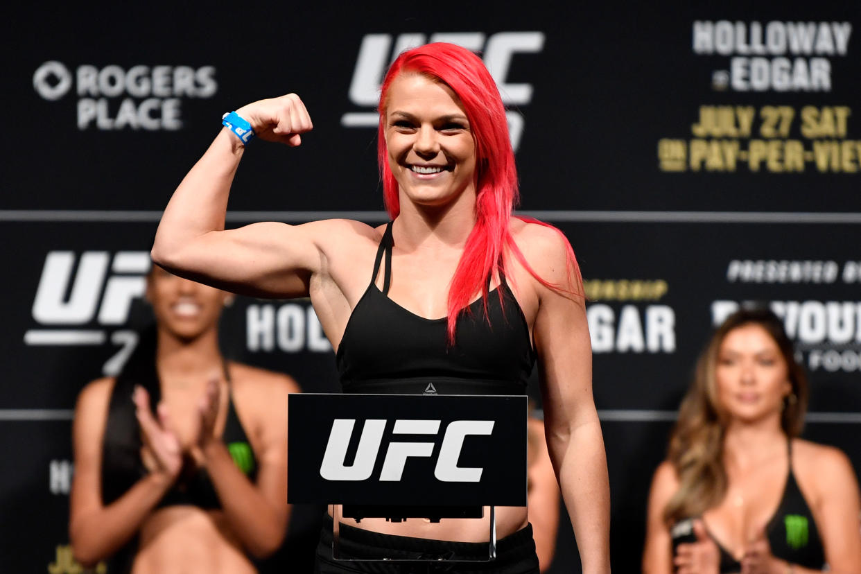 EDMONTON, AB - JULY 26:  Gillian Robertson of Canada poses on the scale during the UFC 240 weigh-in at Rogers Place on July 26, 2019 in Edmonton, Alberta, Canada. (Photo by Jeff Bottari/Zuffa LLC/Zuffa LLC via Getty Images)